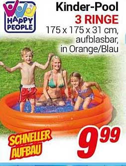 Kinder-Pool 3 RINGE, 175 x 175 x 31 cm, aufblasbar, in Orange/Blau