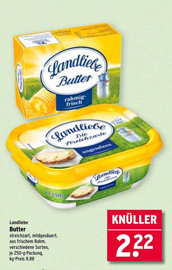 Landliebe Butter, streichzart, mildgesäuert, aus frischem Rahm, verschiedene Sorten, je 250-g-Packung