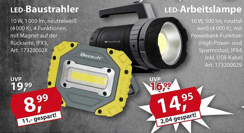 LED-Baustrahler und LED-Arbeitslampe im Sonderpreis