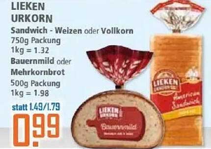 LIEKEN URKORN Brot - Sandwich (Weizen oder Vollkorn) 750g