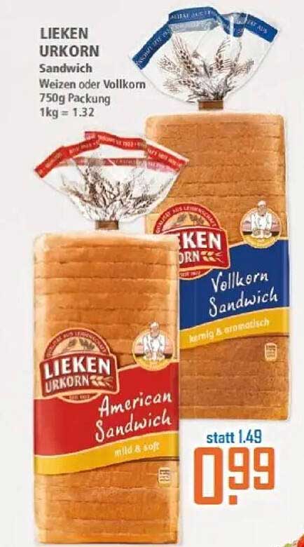 LIEKEN URKORN Sandwich Brot Weizen oder Vollkorn 750g