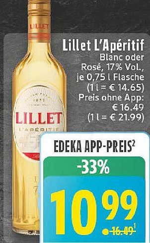 Lillet L’Aperitif Blanc oder Rosé, 17% Vol., 0,75 L Flasche
