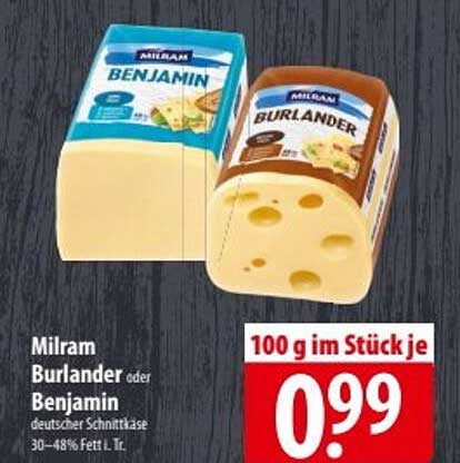 Milram Burlander oder Benjamin deutscher Schnittkäse 30–48% Fett i. Tr.