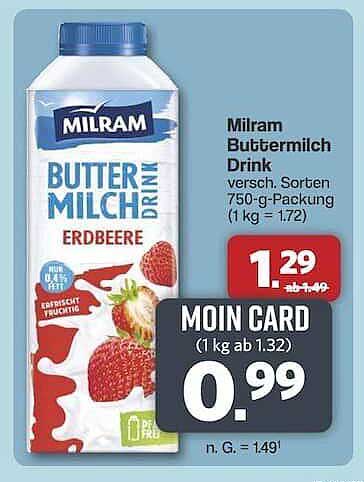 Milram Buttermilch Drink Erdbeere 750 g - Jetzt nur 0,99 €!