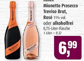 Mionetto Prosecco Treviso Brut, Rosé 11% vol. oder alkoholfrei 0,75-Liter-Flasche