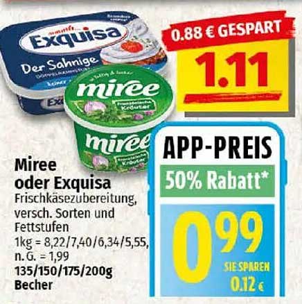 Miree oder Exquisa Frischkäse, verschiedene Sorten und Fettstufen