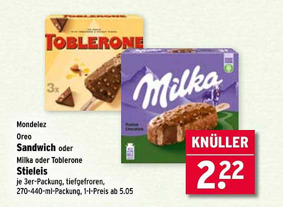 Mondelēz Oreo Sandwich oder Milka/Toblerone Stieleis