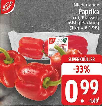 Niederlande Paprika rot, Klasse I, 500 g Packung