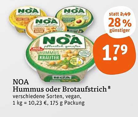 NOA Hummus oder Brotaufstrich – Verschiedene Sorten, vegan