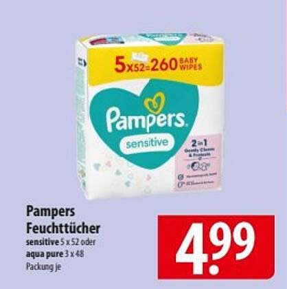 Pampers Feuchttücher 5 x 52 oder aqua pure 3 x 48 – Packung je