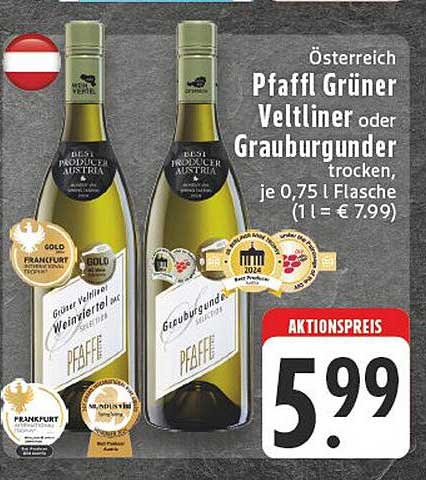 Pfaffl Grüner Veltliner oder Grauburgunder trocken, je 0,75 L Flasche