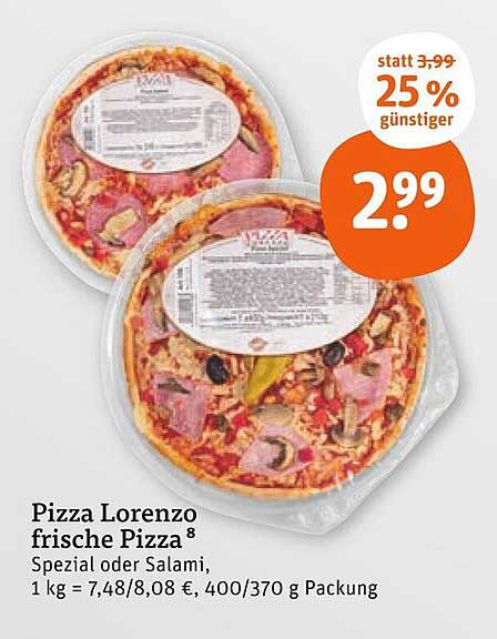 Pizza Lorenzo frische Pizza, Spezial oder Salami, 400/370 g Packung