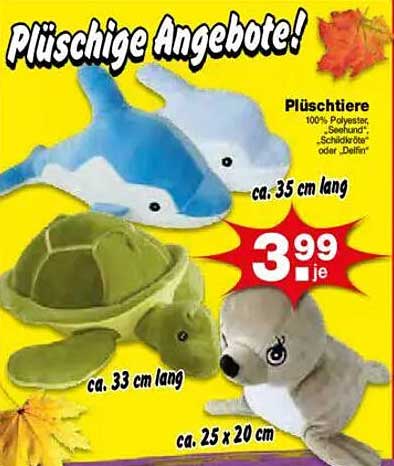 Plüschtiere: Delfin, Schildkröte und Seehund