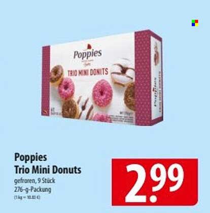 Poppies Trio Mini Donuts, gefroren, 9 Stück