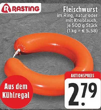 Rasting Fleischwurst im Ring, natur oder mit Knoblauch, je 500 g Stück