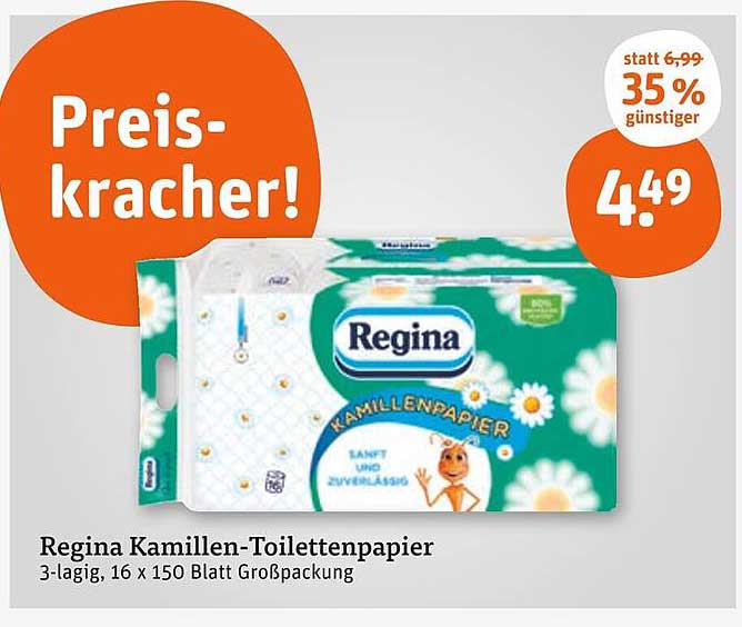 Regina Kamillen-Toilettenpapier 3-lagig, 16 x 150 Blatt Großpackung