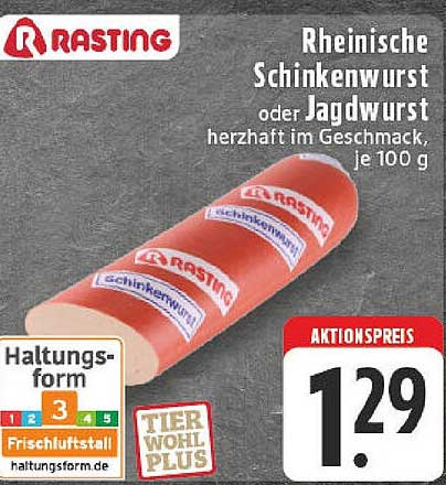Rheinische Schinkenwurst oder Jagdwurst, herzhaft im Geschmack, je 100 g