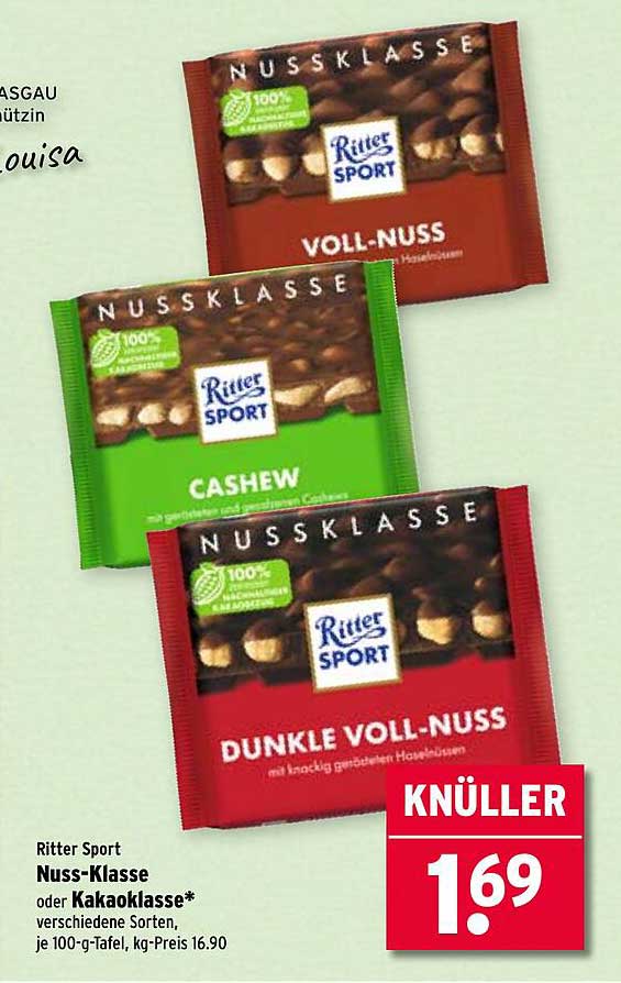Ritter Sport Nuss-Klasse oder Kakaoklasse* verschiedene Sorten
