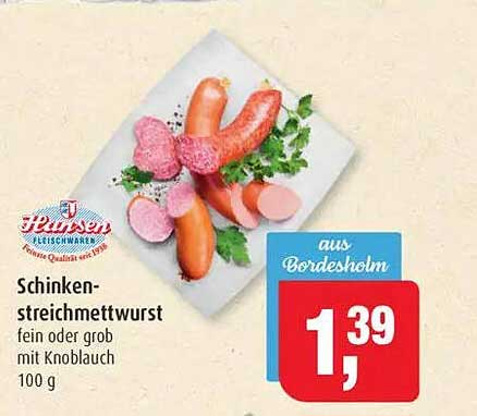 Schinkenstreichmettwurst fein oder grob mit Knoblauch 100 g