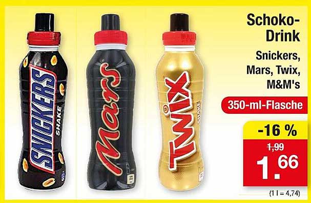 Schoko-Drink Snickers, Mars, Twix, M&M's – 350-ml-Flasche