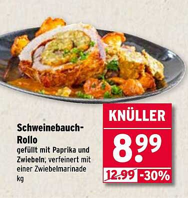 Schweinebauch-Rollo gefüllt mit Paprika und Zwiebeln, verfeinert mit einer Zwiebelmarinade