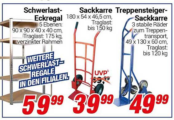 Schwerlast-Eckregal, Sackkarre und Treppensteiger-Sackkarre im CENTERSHOP-Prospekt