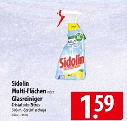 Sidolin Multi-Flächen oder Glasreiniger Cristal oder Zitrus 500-ml-Sprühflasche