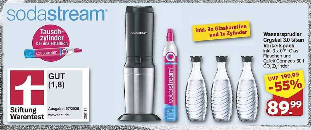 SodaStream Wassersprudler Crystal 3.0 titanstahl im Vorteilspack