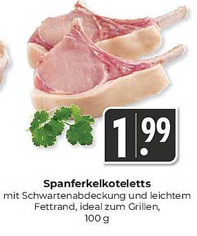 Spanferkelkoteletts mit Schwartenabdeckung und leichtem Fettrand, ideal zum Grillen, 100 g