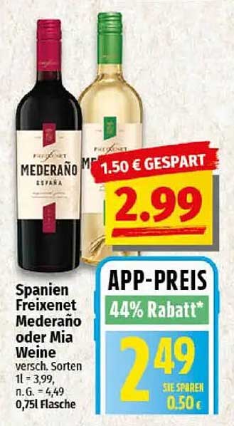 Spanien Freixenet Mederaño oder Mia Weine - 0,75 l Flasche