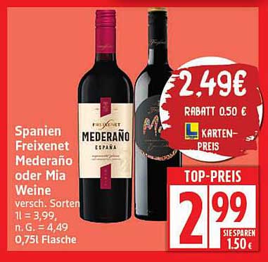 Spanien Freixenet Mederaño oder Mia Weine 0,75 l für nur 2,99 €