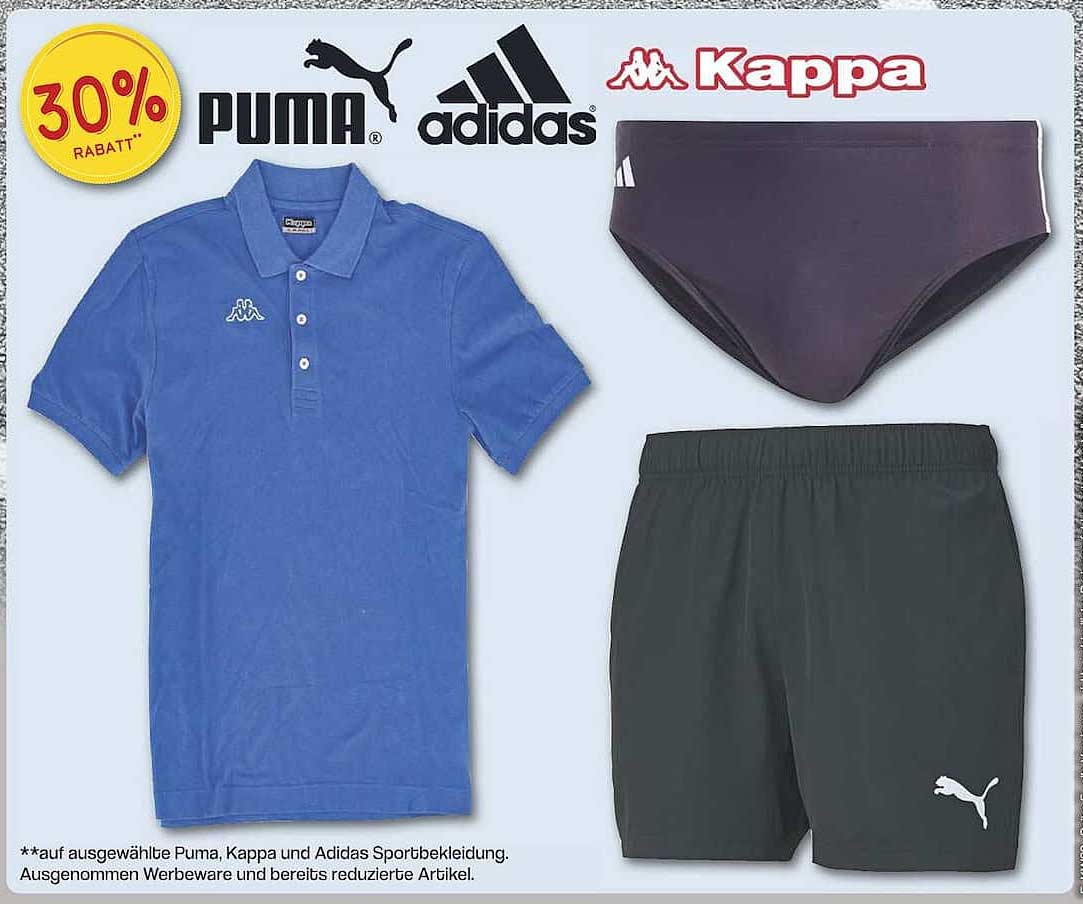 Sportbekleidung von Puma, Kappa und Adidas mit 30% Rabatt