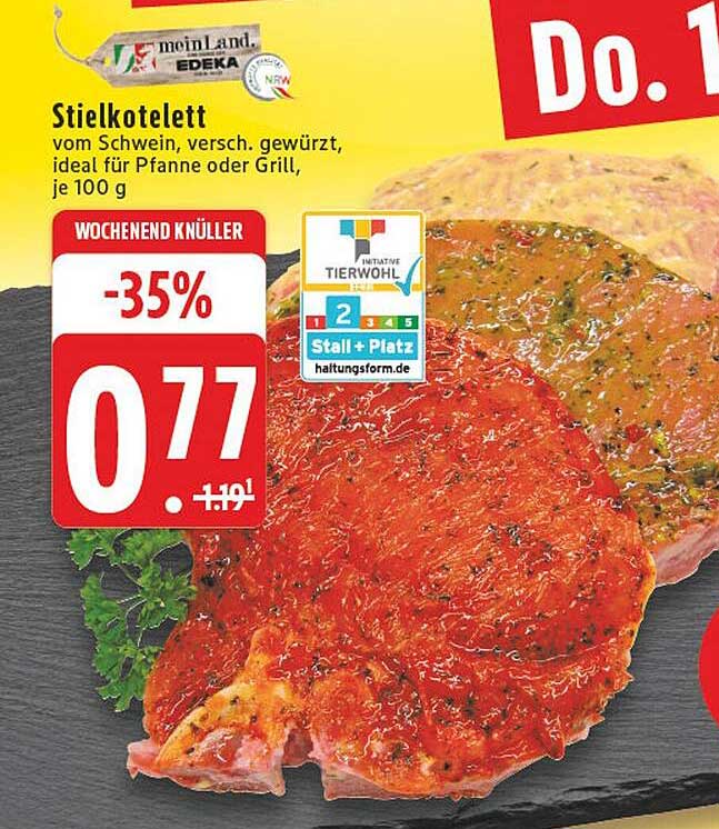Stielkotelett vom Schwein, verschieden gewürzt, ideal für Pfanne oder Grill, je 100 g