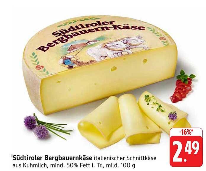 Südtiroler Bergbauernkäse, italienischer Schnittkäse aus Kuhmilch, mind. 50% Fett i. Tr., mild, 100 g