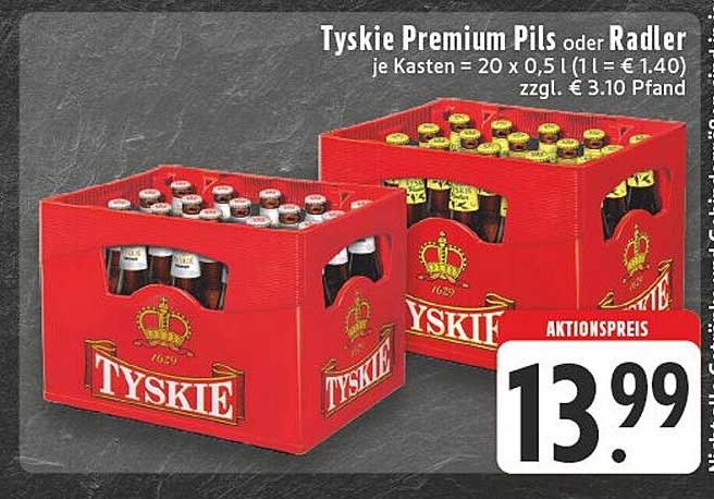 Tyskie Premium Pils oder Radler - Kasten mit 20 x 0,5 l