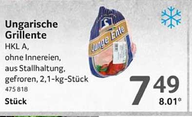 Ungarische Grilleente HKL A, ohne Innereien, aus Stallhaltung, gefroren, 2,1-kg-Stück