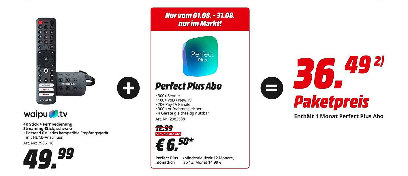 waipu.tv 4K Stick mit Perfect Plus Abo – Für unvergleichliches Streaming-Vergnügen