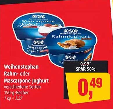 Weihenstephan Rahm- oder Mascarpone Joghurt verschiedene Sorten 150-g-Becher