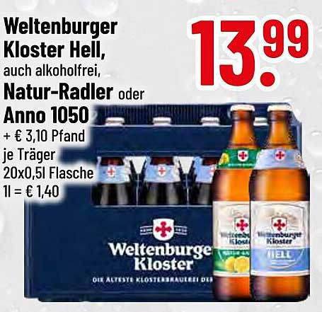 Weltenburger Kloster Hell, auch alkoholfrei, Natur-Radler oder Anno 1050