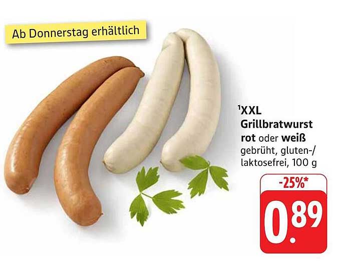XXL Grillbratwurst rot oder weiß, 100 g