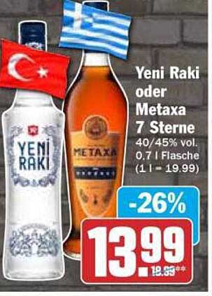 Yeni Raki oder Metaxa 7 Sterne - 26% Rabatt!