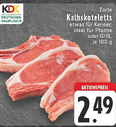Zarte Kalbskoteletts, ideal für Pfanne oder Grill, je 100 g