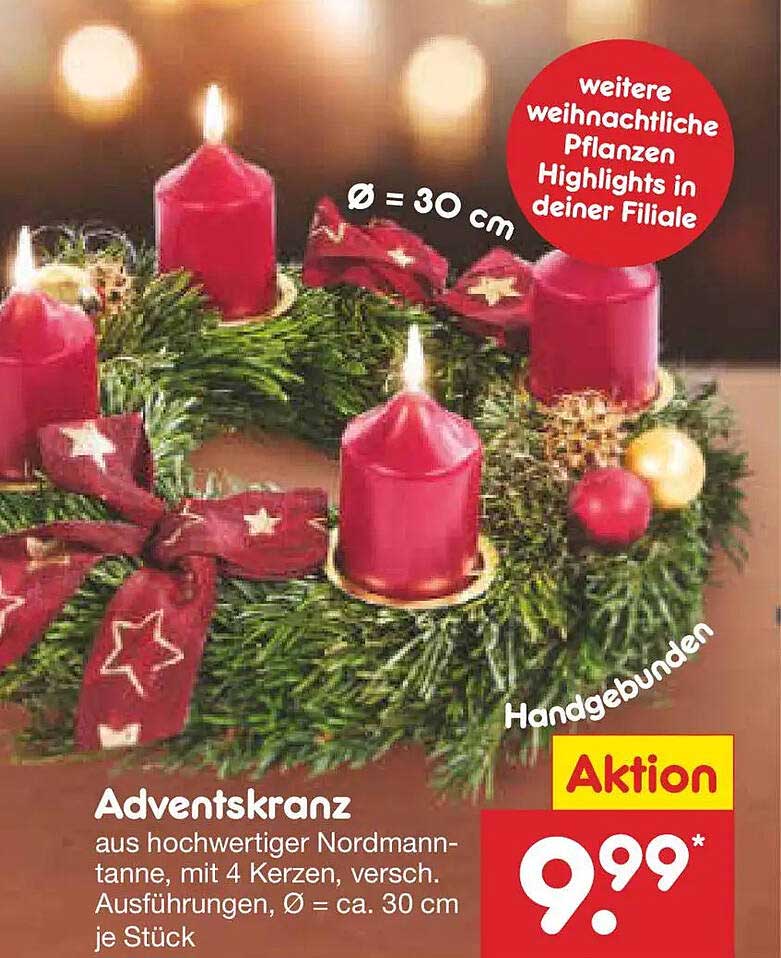 Adventskranz aus hochwertiger Nordmanntanne mit 4 Kerzen, Ø 30 cm