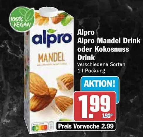 Alpro Mandel Drink oder Kokosnuss Drink - verschiedene Sorten, 1 l Packung