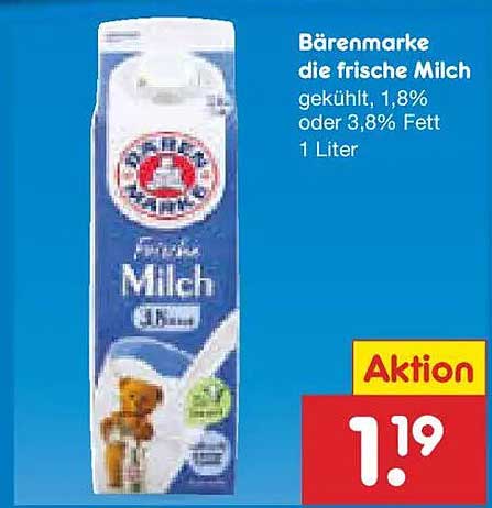 Bärenmarke die frische Milch, 1,8% oder 3,8% Fett, 1 Liter
