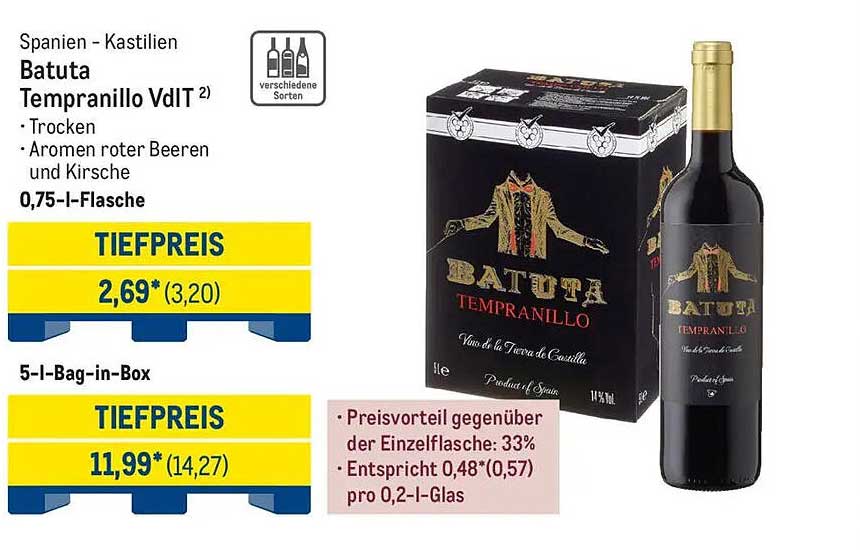 Batuta Tempranillo VdT - 0,75 l Flasche und 5 l Bag-in-Box