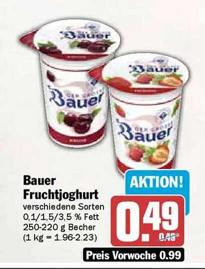 Bauer Fruchtjoghurt verschiedene Sorten 0,1/1,5/3,5 % Fett 250-220 g Becher