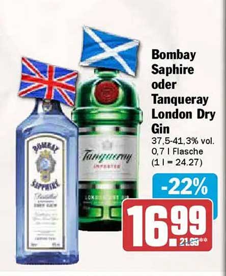 Bombay Saphire oder Tanqueray London Dry Gin 0,7 l Flasche