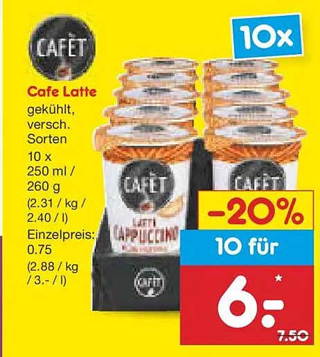 Cafe Latte gekühlt, verschiedene Sorten - 10 x 250 ml für nur 6 €