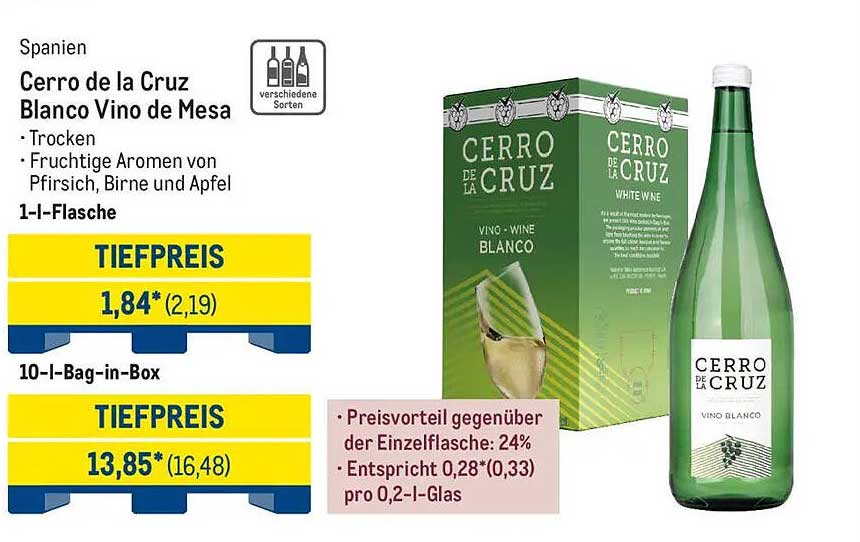 Cerro de la Cruz Blanco Vino de Mesa - 1 Liter Flasche und 10 Liter Bag-in-Box